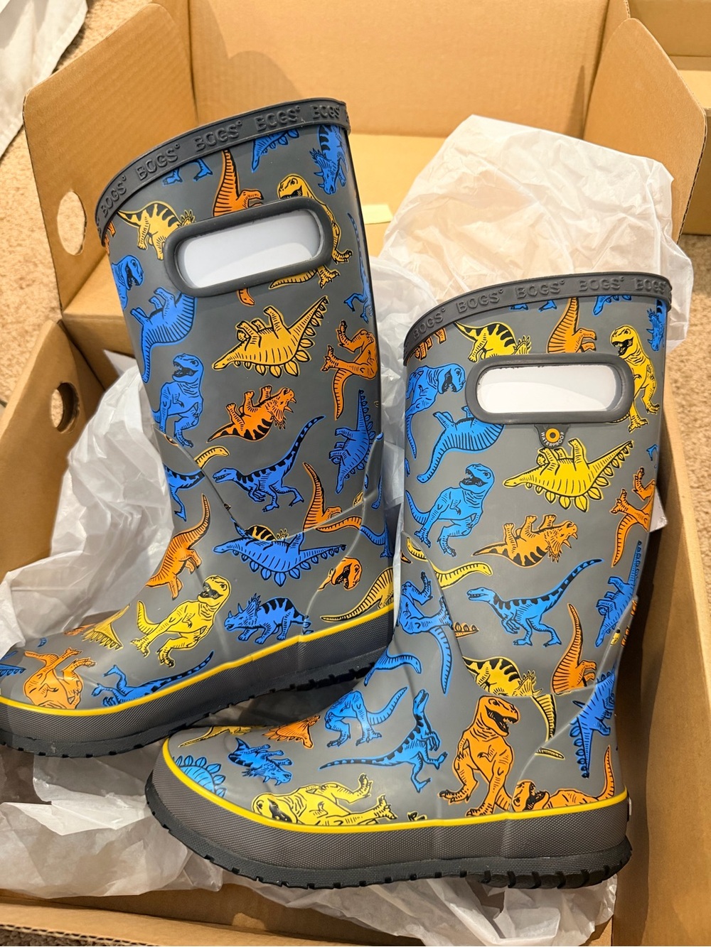 NEW Bogs Kids' Gray Rain Boots with Dinosaurs